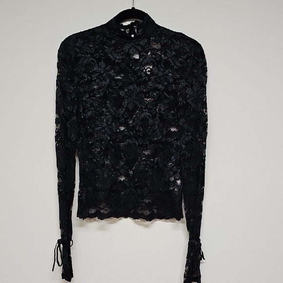 90s Laundry Black Lace Top, Sz 12, Long Sleeve, Mock Neck, New W Tag - Picture 1 of 9